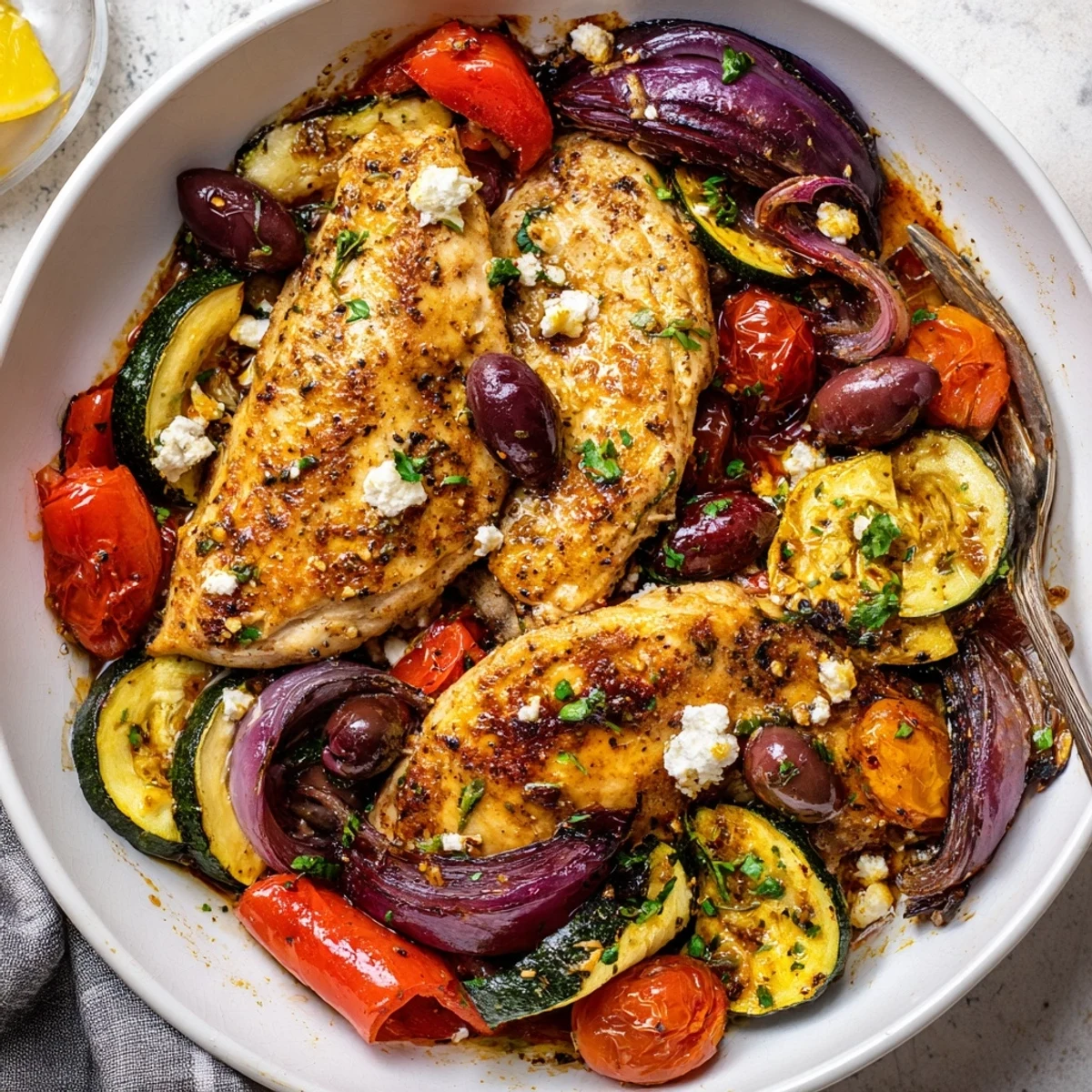 Sheet Pan Mediterranean Chicken Zucchini with golden roasted vegetables, tangy feta.