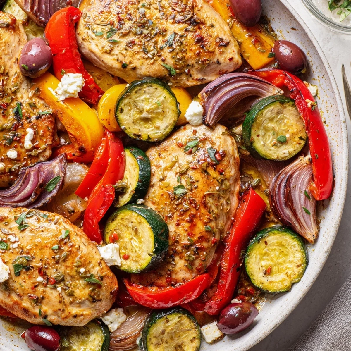 Fragrant lemon-garlic aromas from Sheet Pan Mediterranean Chicken Zucchini, ready to serve.