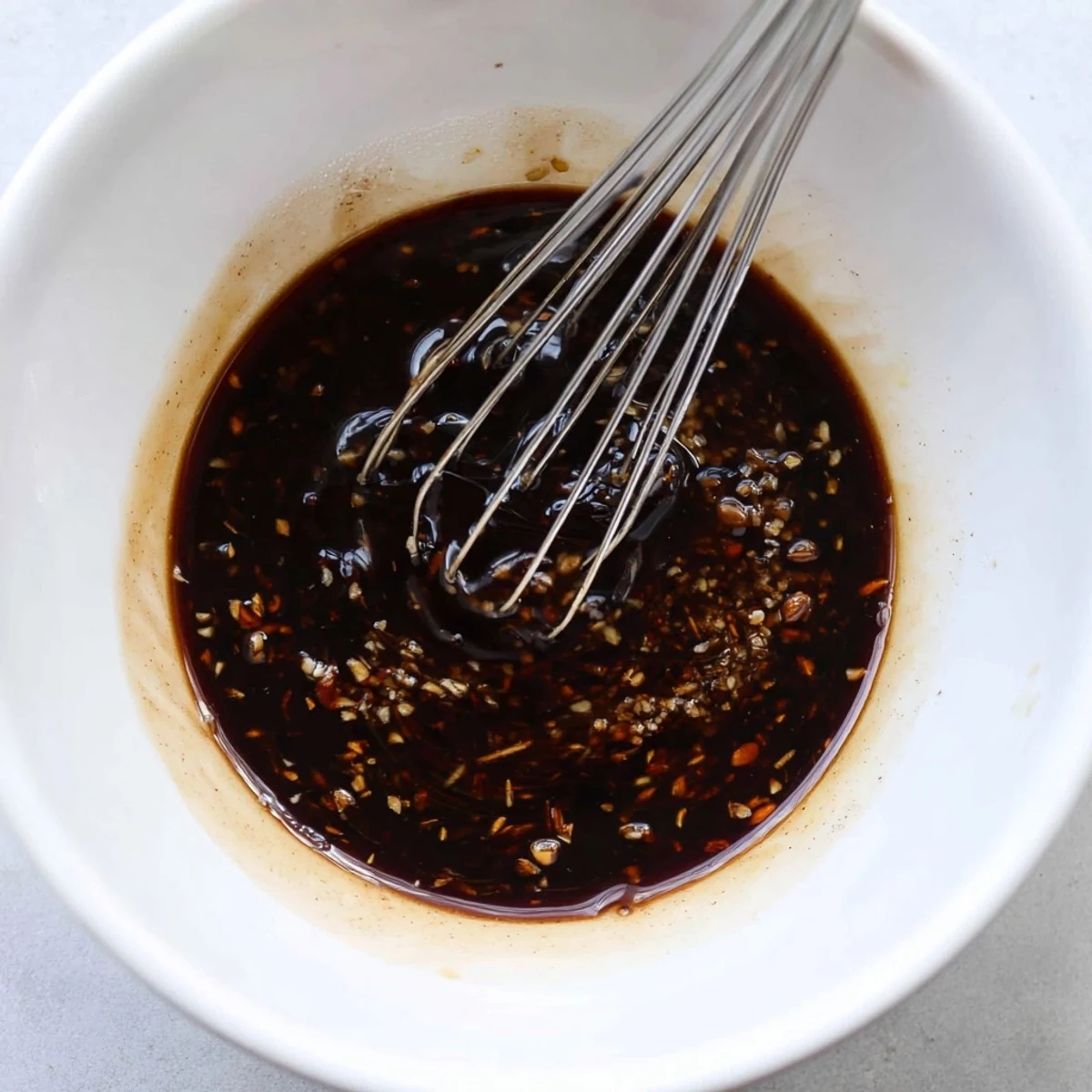 Steak Marinade glistening over raw ribeyes, garlic aroma and lemon zest.
