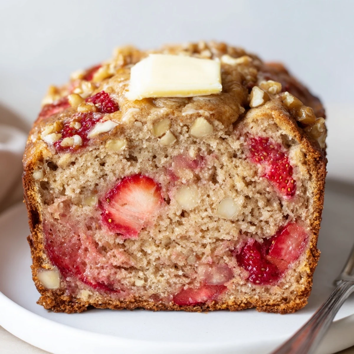 Strawberry Banana Bread Recipe: warm loaf sliced, sweet berries and banana aroma