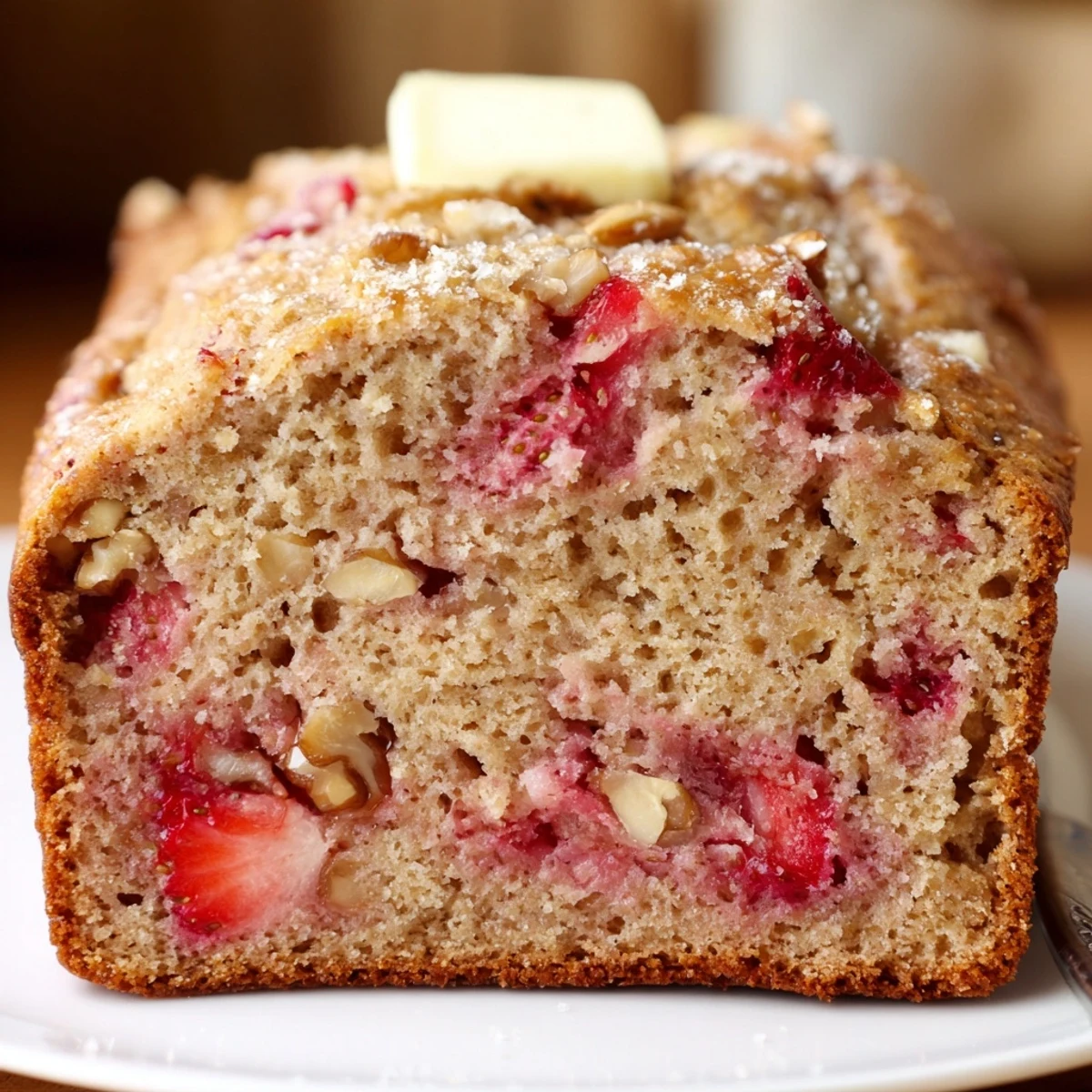 Freshly baked Strawberry Banana Bread Recipe cooling on rack, buttery crust