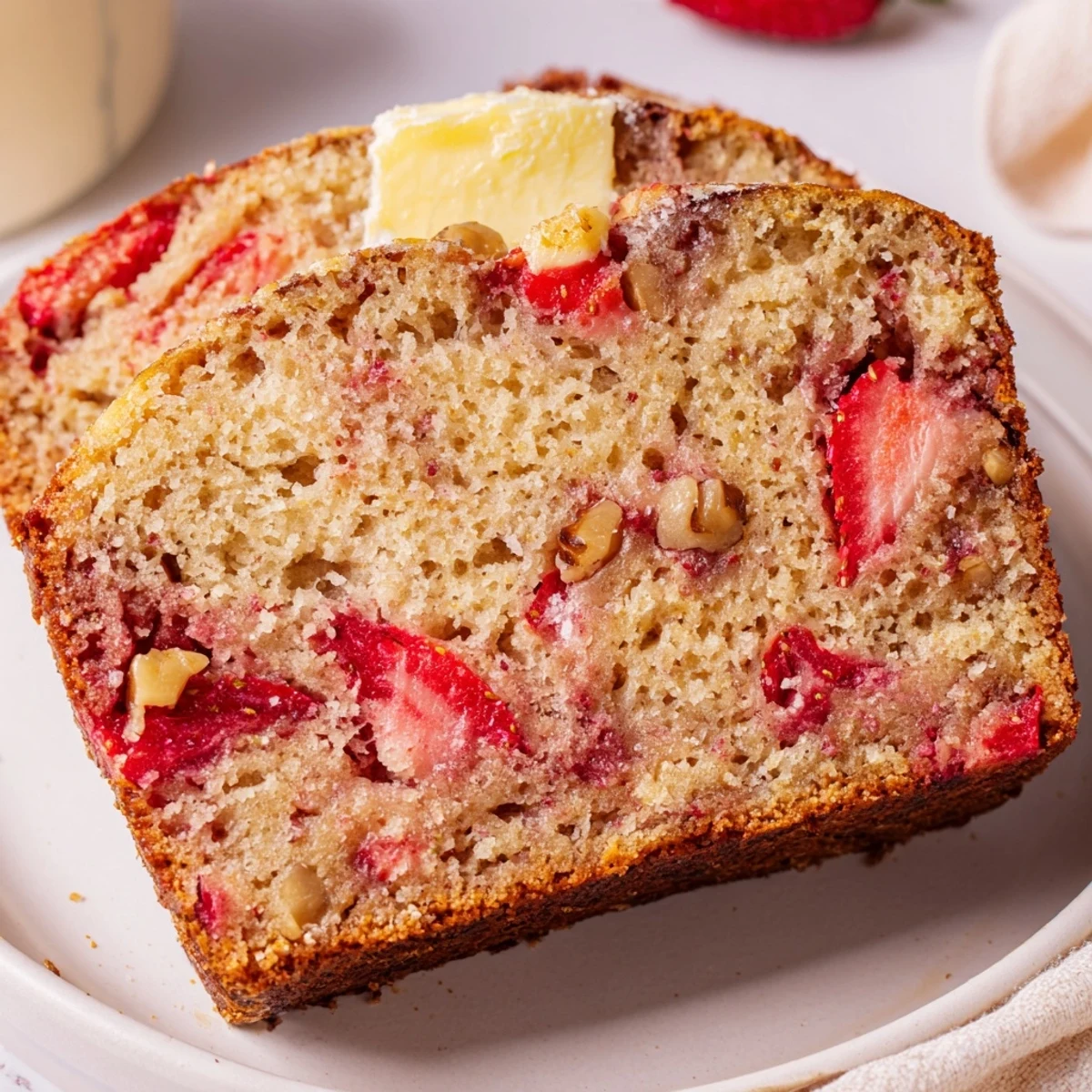 Homestyle Strawberry Banana Bread Recipe loaf studded with red strawberries, golden crumb