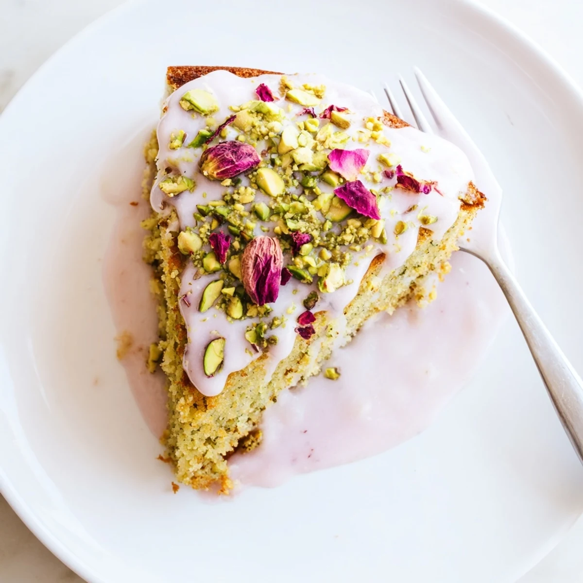 Golden Persian Love Cake almond slice drizzled with white rosewater icing and crushed green pistachios