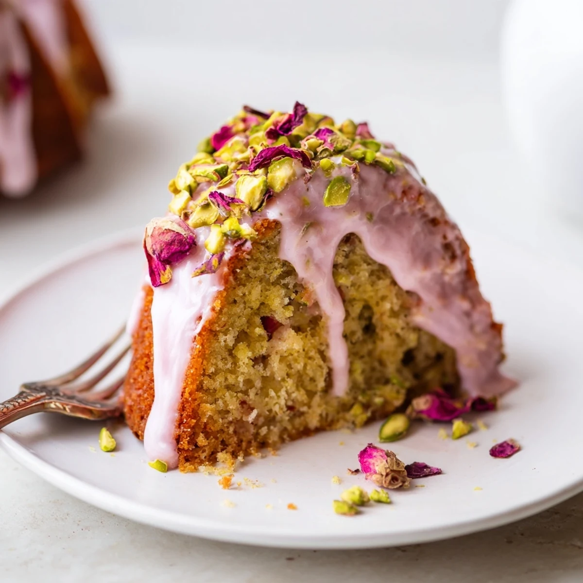 Moist cardamom spiced almond cake topped with rosewater glaze and pink rose petal garnish