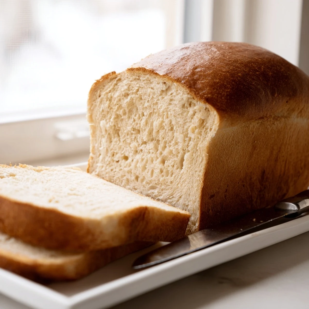 Golden brown cottage cheese loaf bread sliced on a wooden cutting board with melted butter