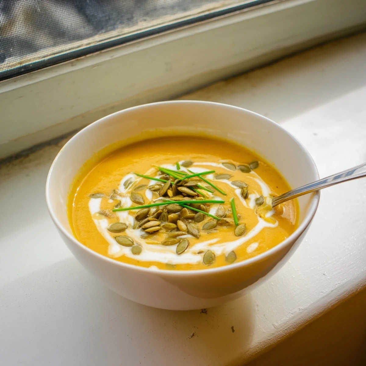 Creamy butternut squash soup in a white bowl garnished with toasted pumpkin seeds and fresh chives