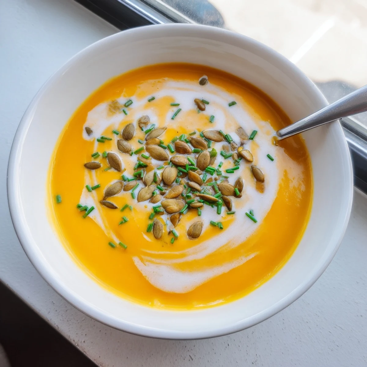 Steaming butternut squash soup with cinnamon and nutmeg, served with crusty bread for cold weather comfort