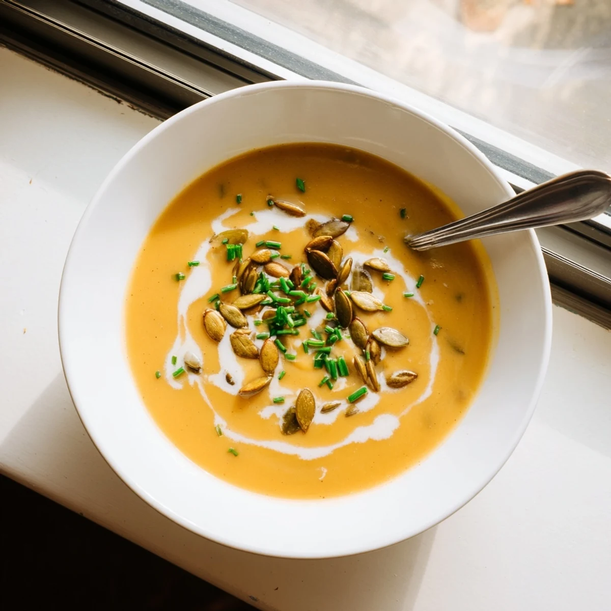 Golden bowl of roasted butternut squash soup with coconut milk swirl on rustic wooden table