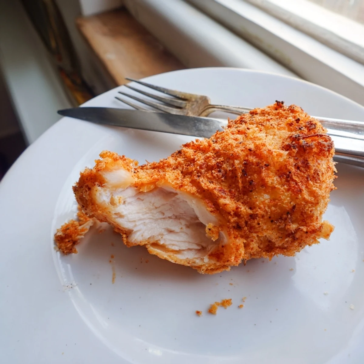 Golden fried crispy dill pickle chicken served on wire rack with pickle garnish