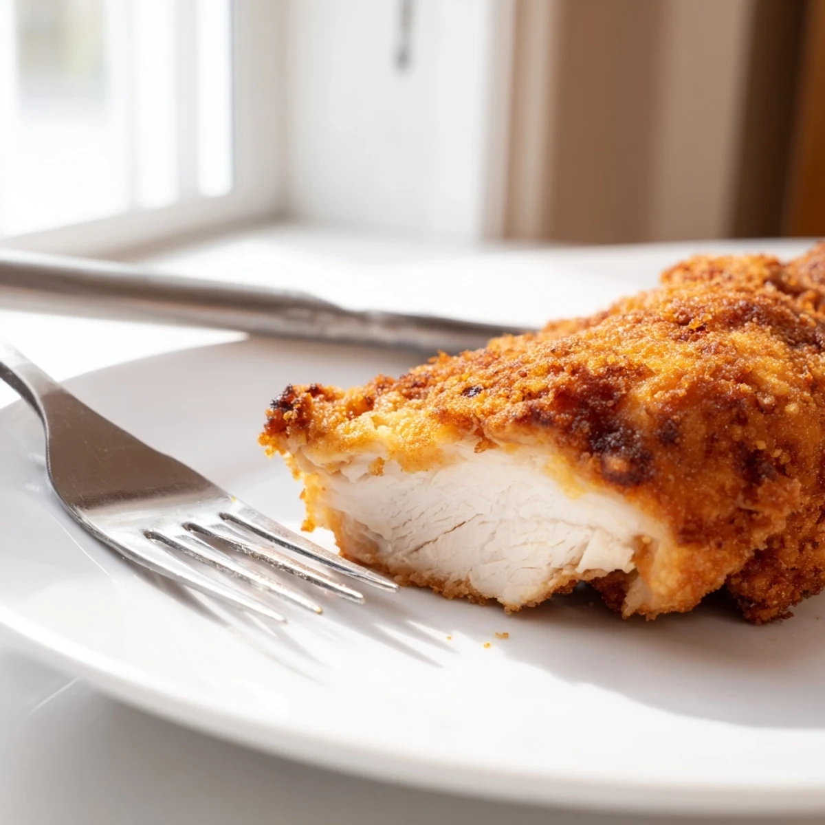 Juicy marinated chicken thighs in crunchy golden panko crust cooling on wire rack
