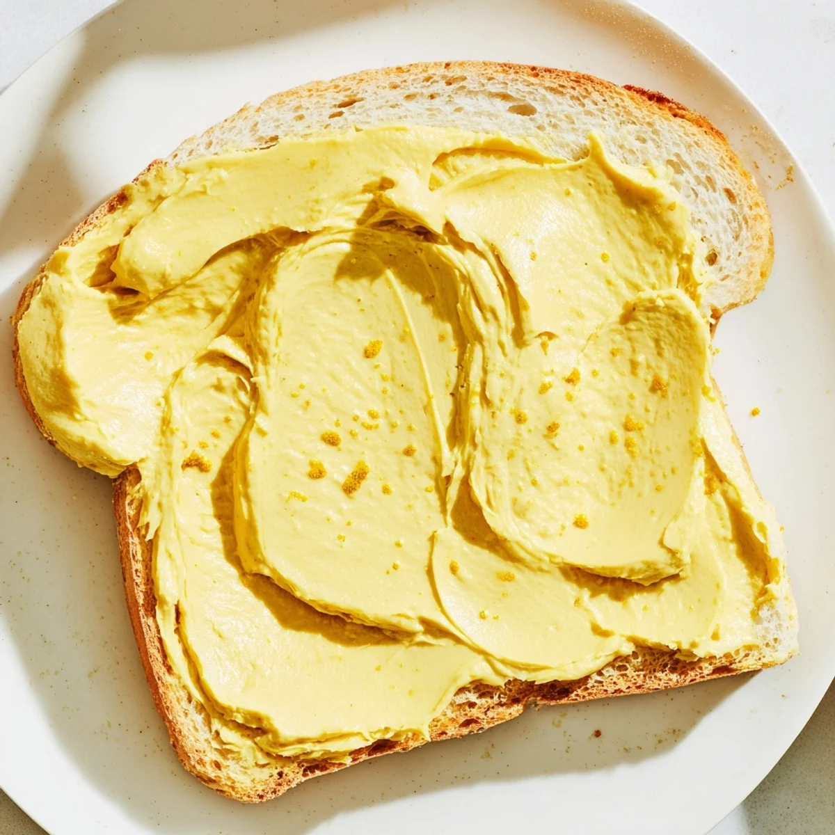 Creamy vegan dairy free butter spread thickly on toasted sourdough bread slice