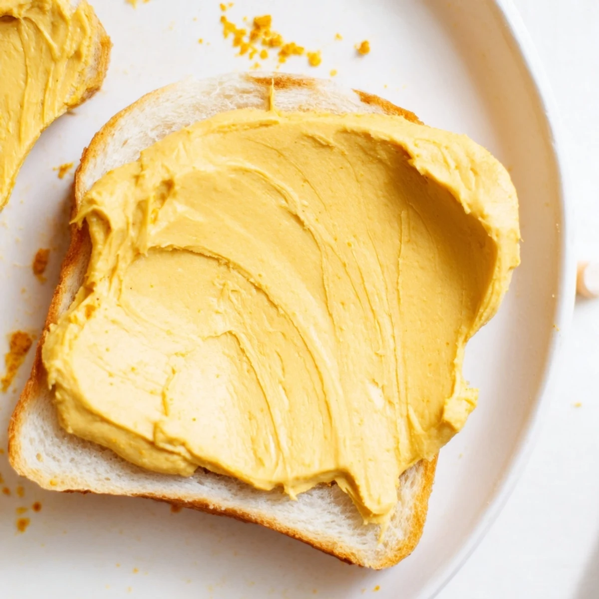 Golden yellow vegan dairy free butter melting over steaming stack of fluffy pancakes