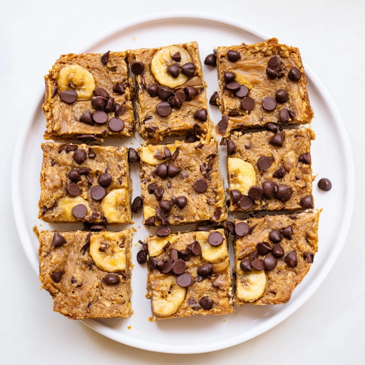 Golden flourless peanut butter banana bars topped with melted chocolate chips on a white plate