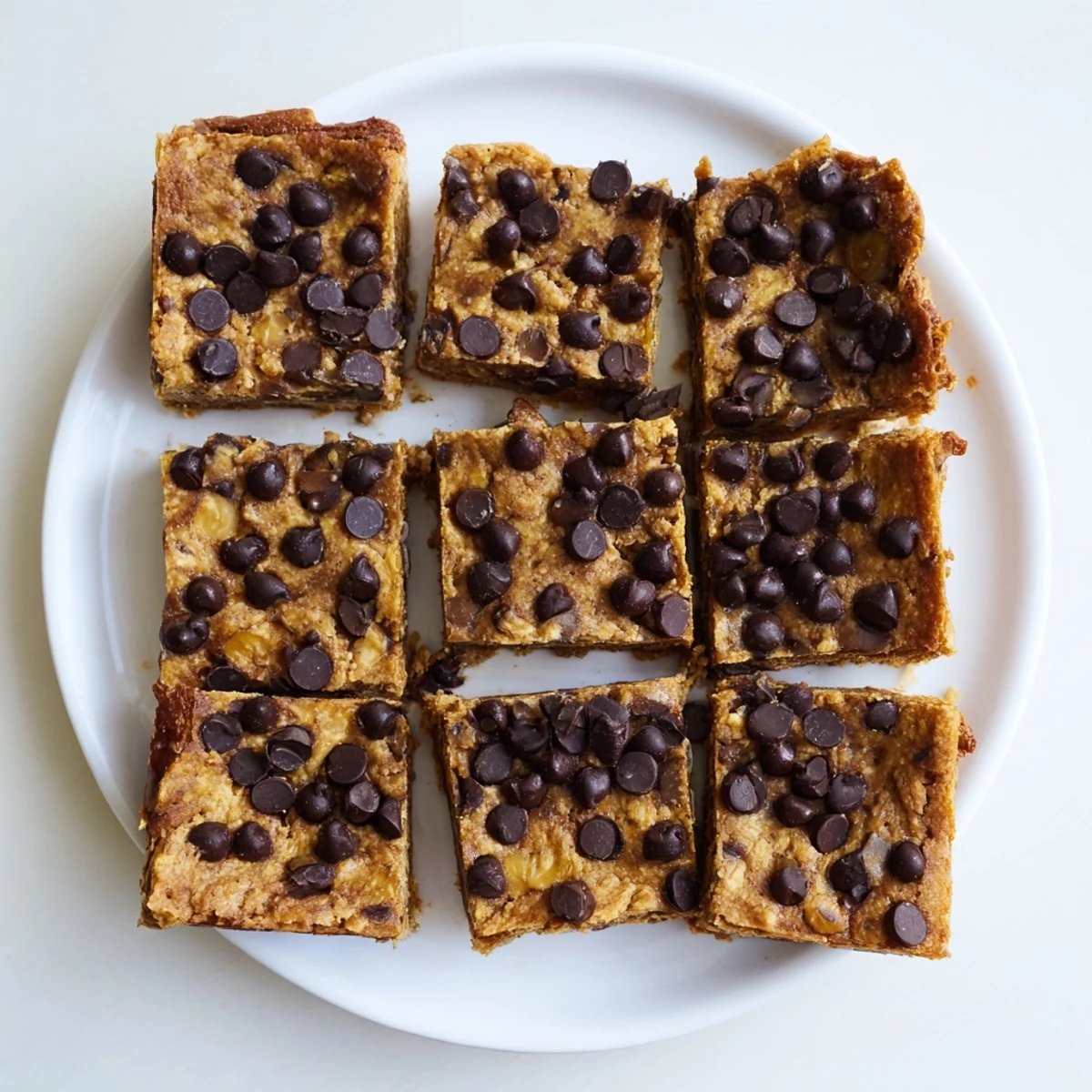 Thick slice of moist flourless peanut butter banana bar showing creamy texture and dark chocolate chunks
