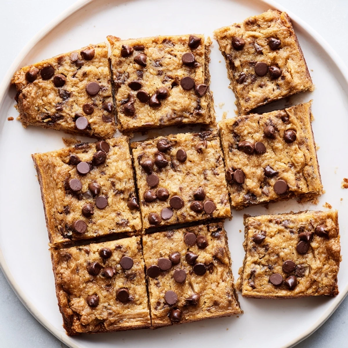 Homemade flourless peanut butter banana bars cooling in baking pan with flaky sea salt sprinkle