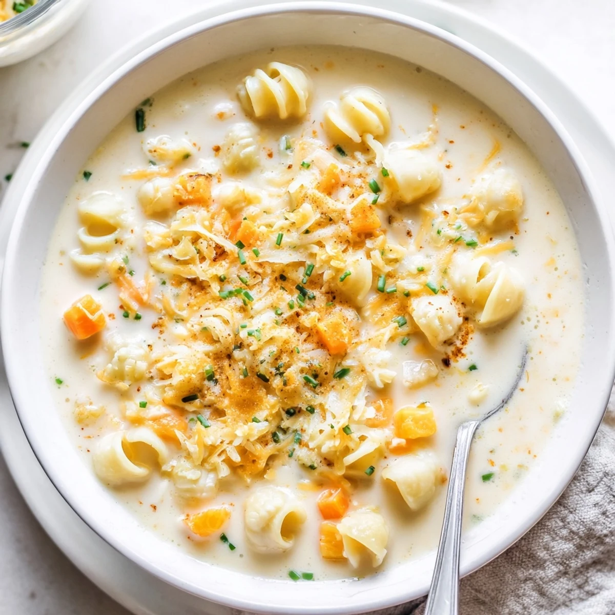 Rich homemade mac and cheese soup garnished with fresh chives on a rustic wooden table