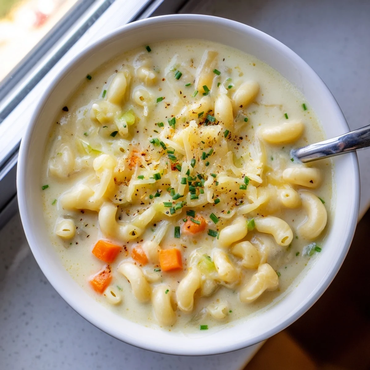 Creamy mac and cheese soup with melted cheddar and tender elbow macaroni in a white bowl