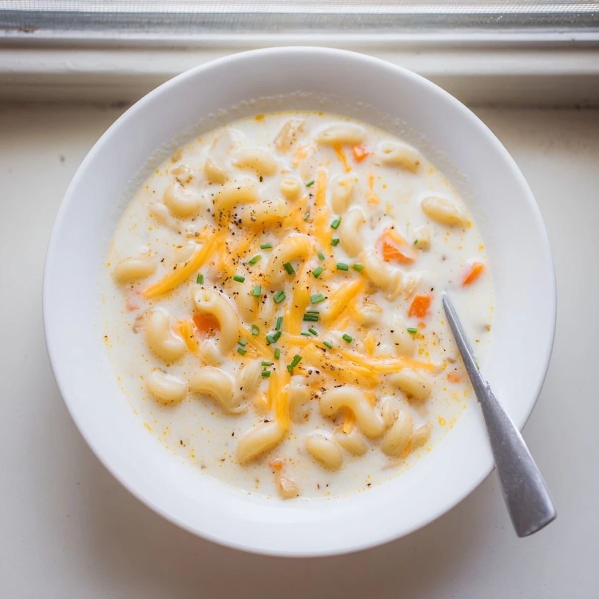 Steaming bowl of cheesy mac and cheese soup with mozzarella and cheddar bubbling on top