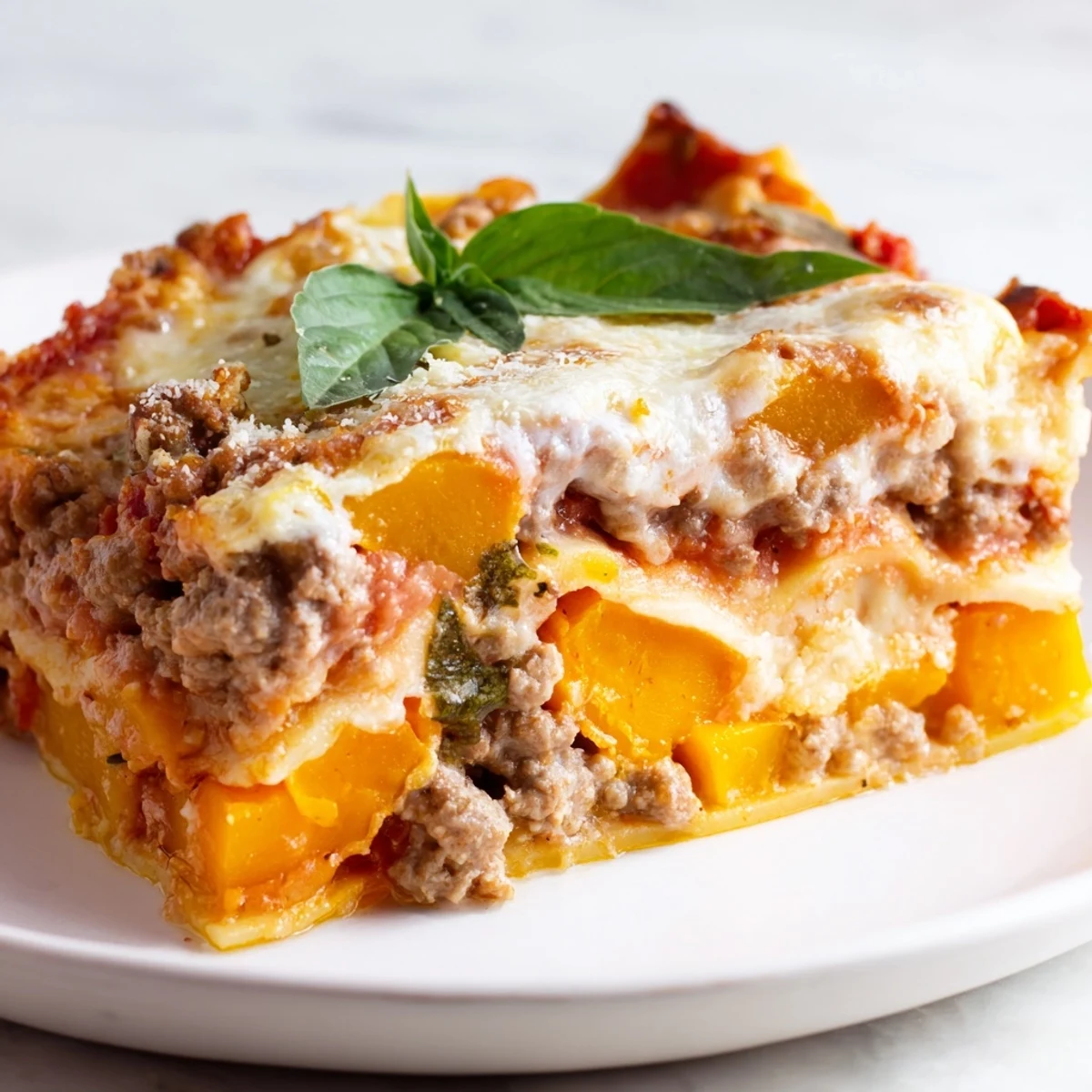 Golden bubbly butternut squash sausage lasagna fresh from the oven with melted mozzarella