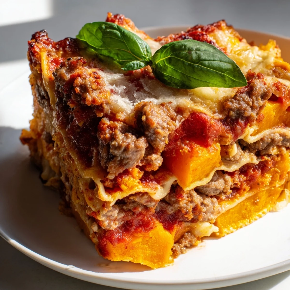 Savory layered butternut squash sausage lasagna showcasing roasted squash, Italian sausage, and creamy ricotta