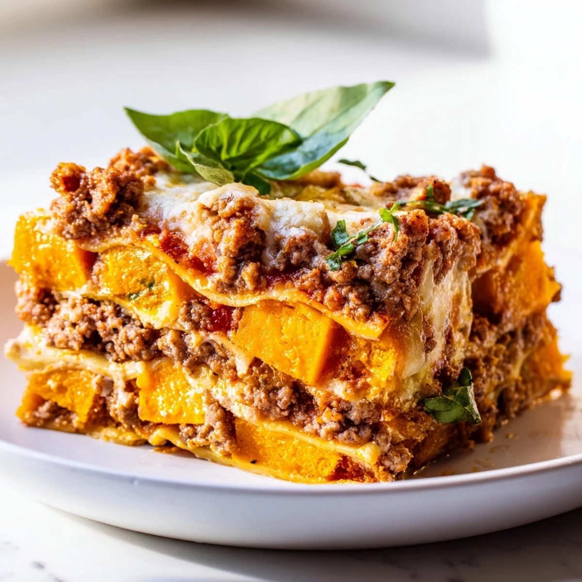 Hearty butternut squash sausage lasagna slice displaying tender pasta, sweet squash, and browned sausage