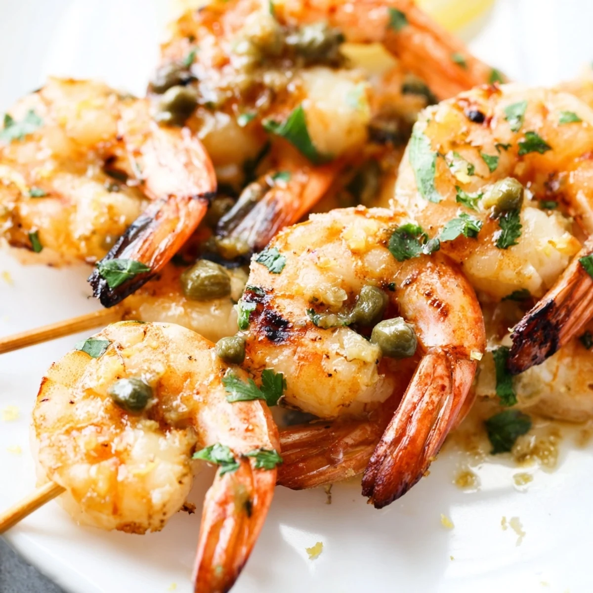 Golden grilled shrimp piccata skewers brushed with zesty buttery lemon caper sauce and fresh herbs