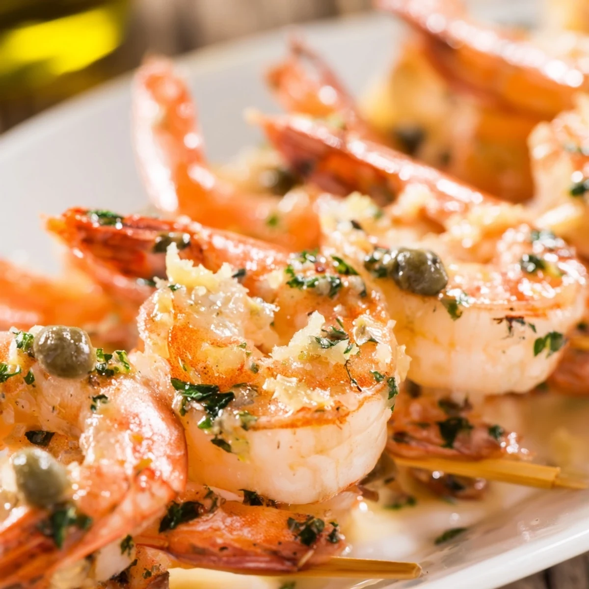 Platter of grilled shrimp piccata skewers drizzled with vibrant piccata sauce and garnished with parsley