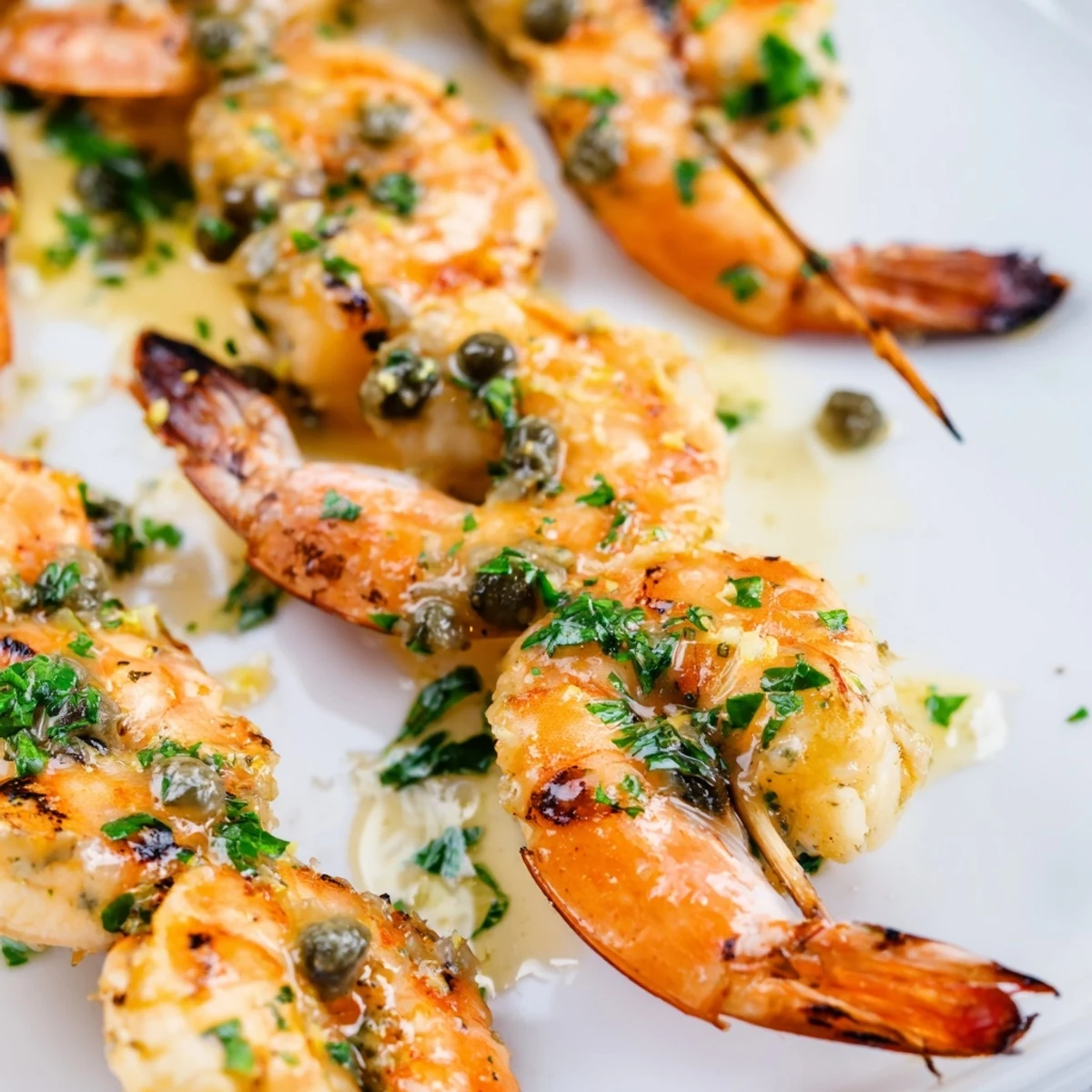 Juicy threaded shrimp on skewers grilled until charred with tangy piccata glaze and lemon wedges