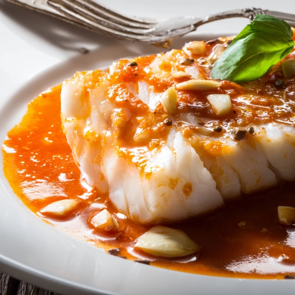 Flaky white halibut swims in rich tomato butter sauce finished on the grill with smoky char marks