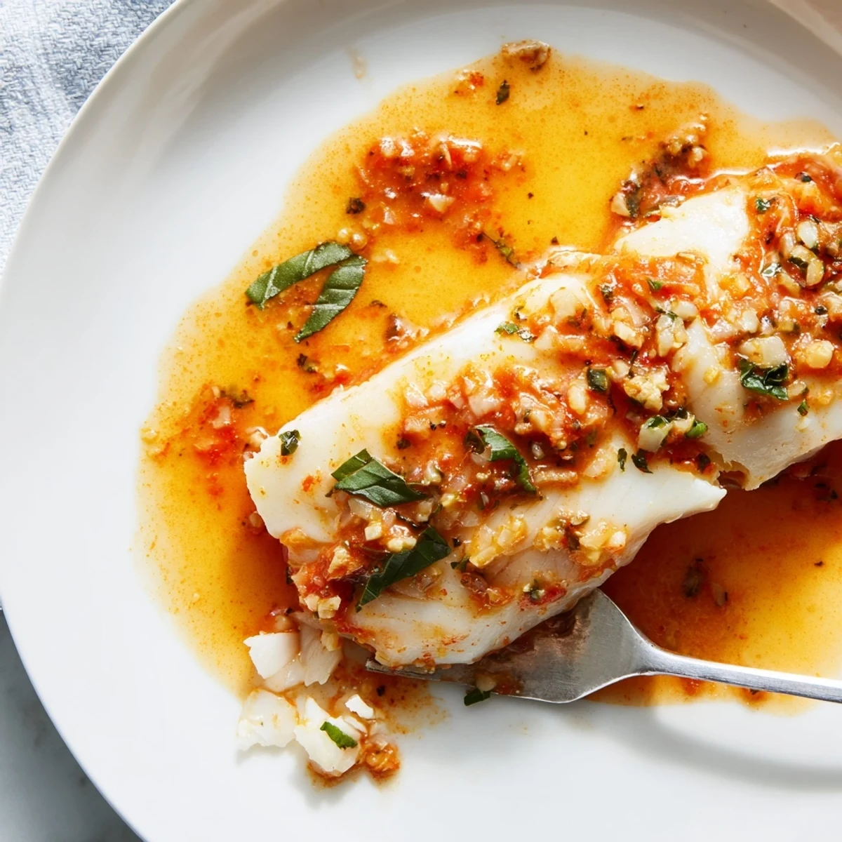 Golden halibut fillets poached in vibrant red tomato-butter sauce with fresh basil garnish