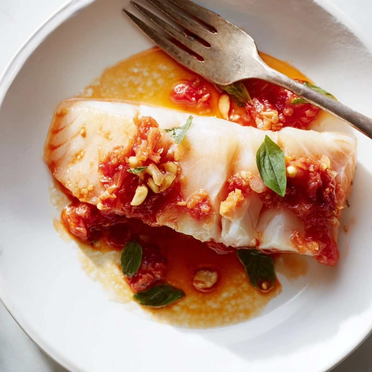 Elegant grilled halibut topped with silky tomato-butter sauce, fresh basil, and lemon wedges on white plate