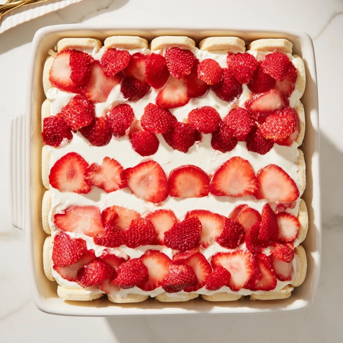 No bake strawberry shortcake dessert featuring layered shortbread cookies, whipped cream cheese filling, and juicy macerated strawberries in a square glass dish