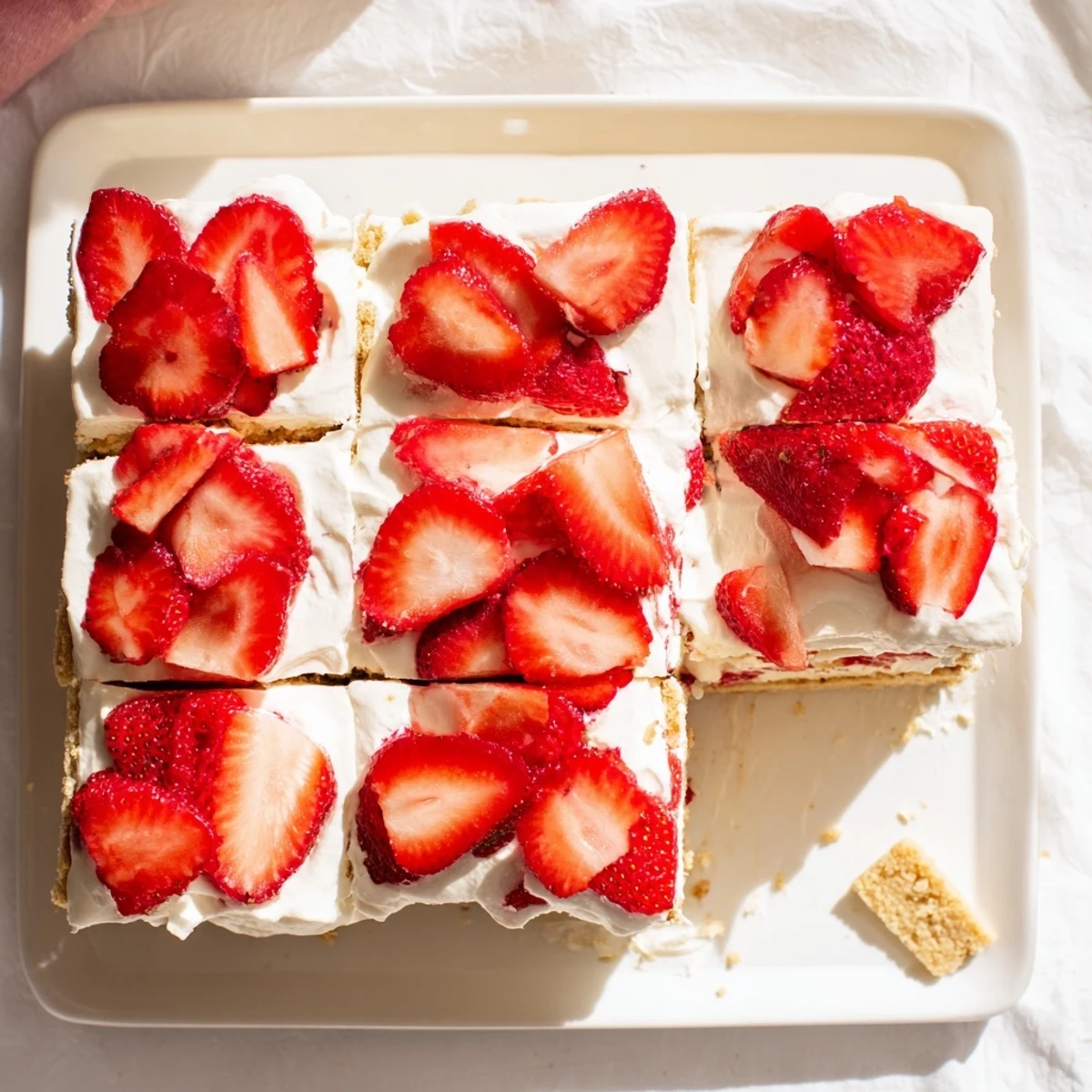 Creamy no bake strawberry shortcake dessert with fresh strawberries, sweetened whipped cream, and buttery shortbread cookies arranged in distinct layers