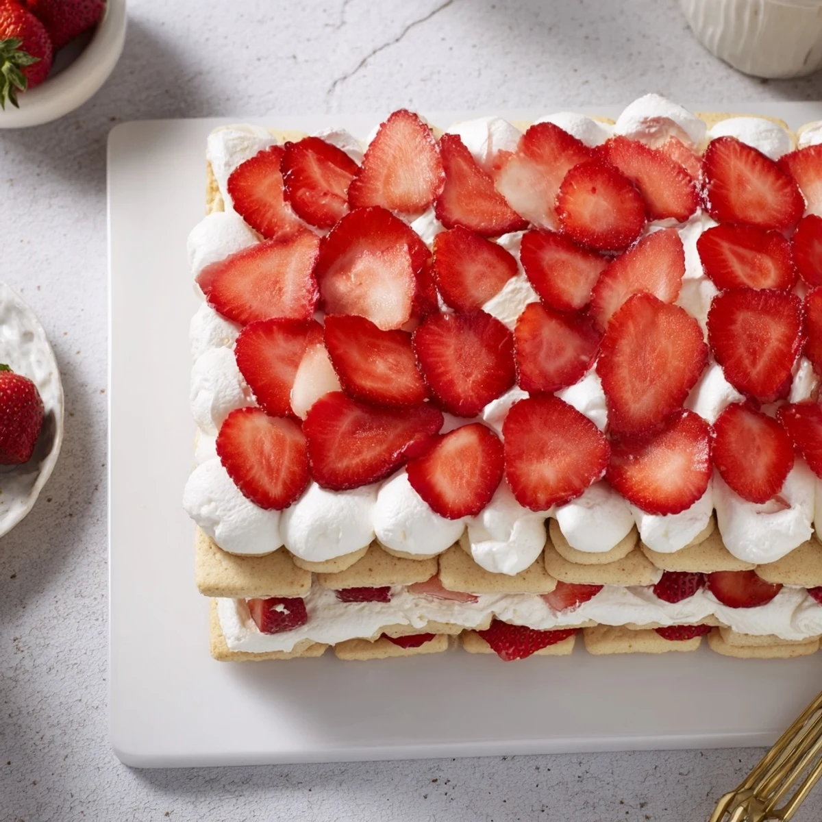 No bake strawberry shortcake dessert slice showing tender cookies, fluffy cream filling, and vibrant red strawberries topped with a fresh strawberry garnish