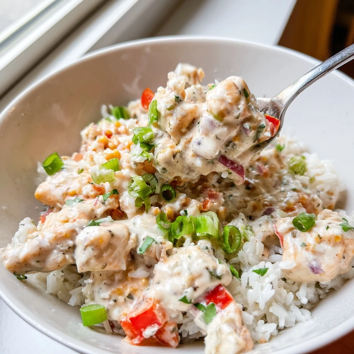 Cajun-seasoned chicken with vegetables in velvety cream sauce atop steamed white rice bowls