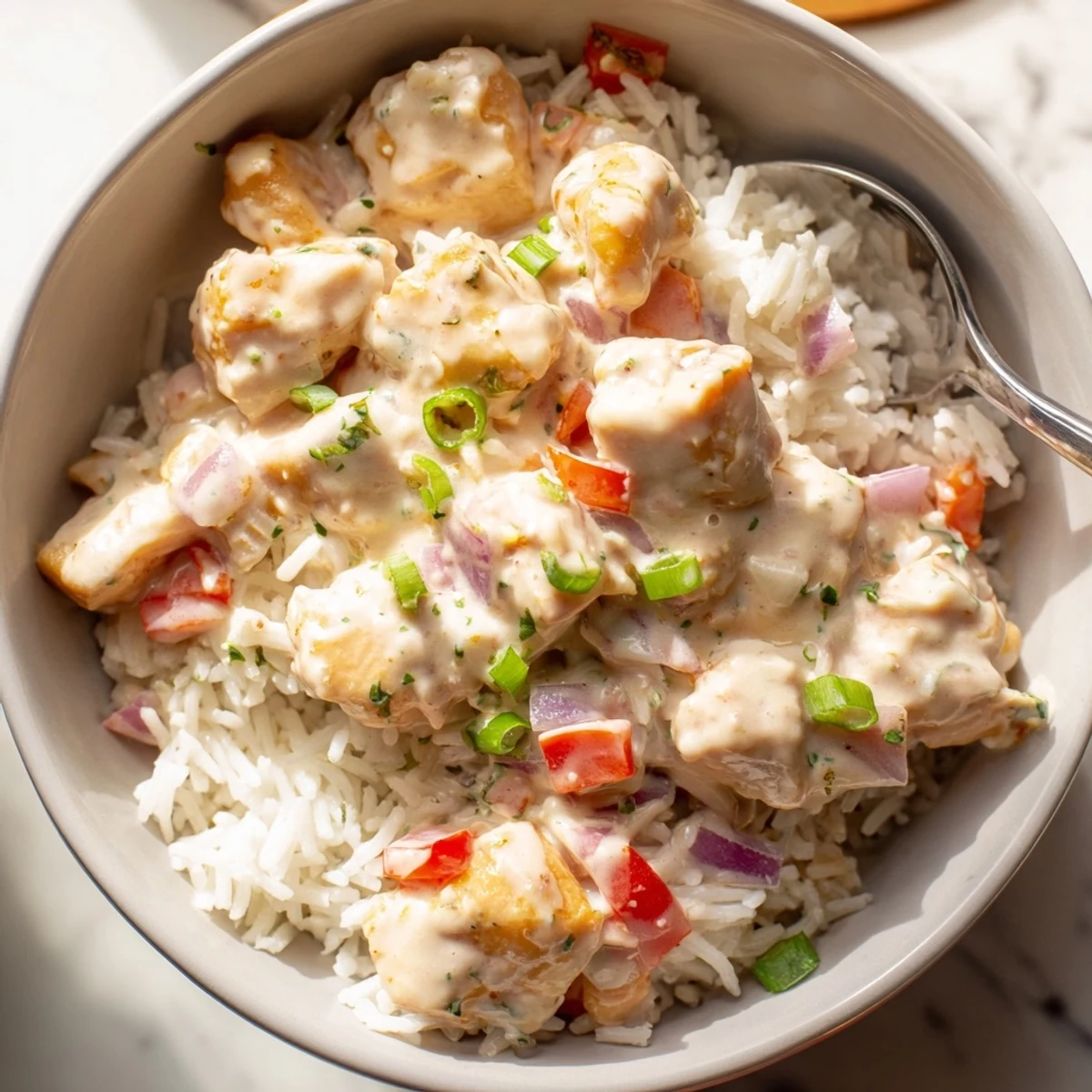 Colorful bell peppers and tender chicken in spicy creamy sauce served over rice