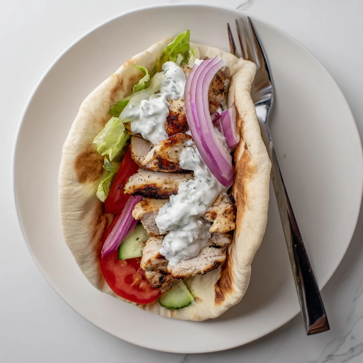Golden brown grilled chicken slices nestled in warm pita with crisp cucumber tomatoes and creamy tzatziki sauce