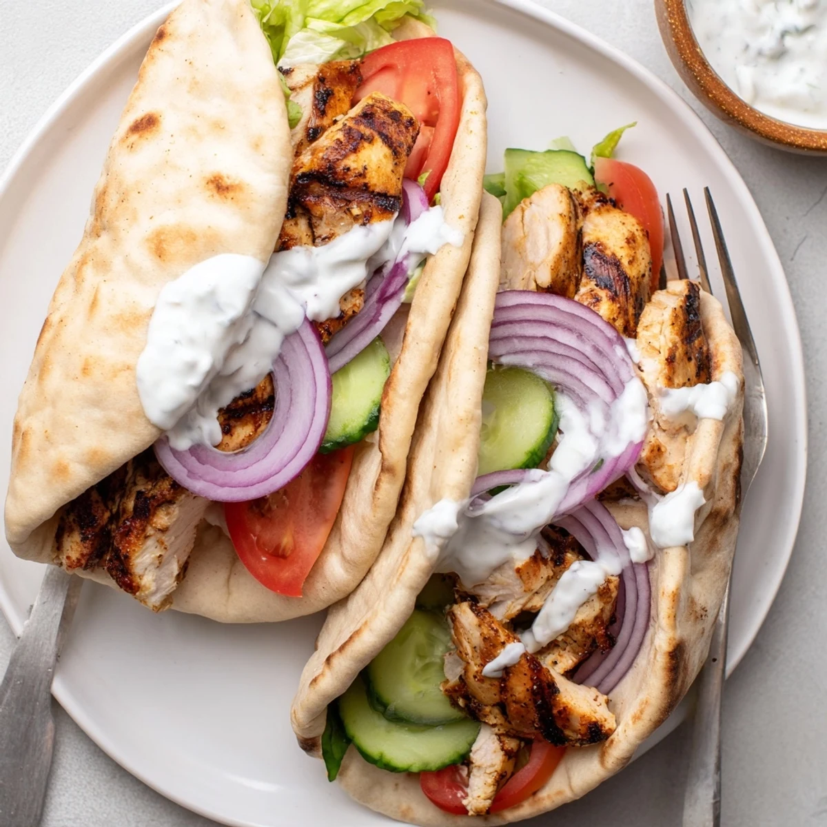 Homemade Greek grilled chicken pita wrap loaded with fresh vegetables tangy yogurt sauce and tender marinated meat
