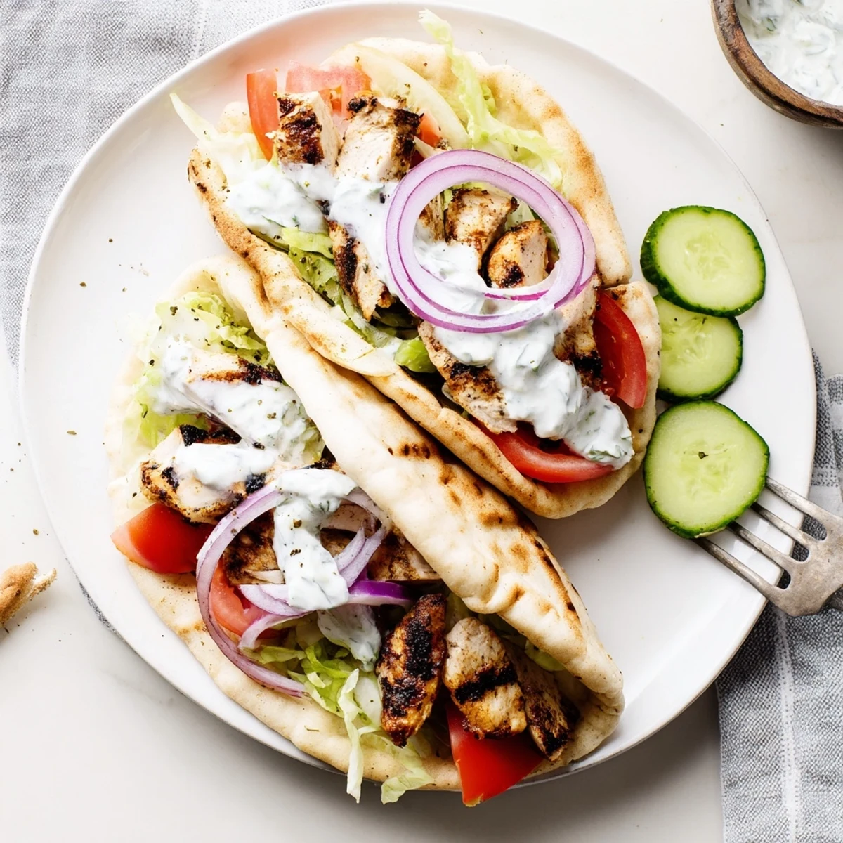 Sliced Mediterranean spiced chicken stuffed into soft pita bread with red onion lettuce and cool garlic yogurt dip