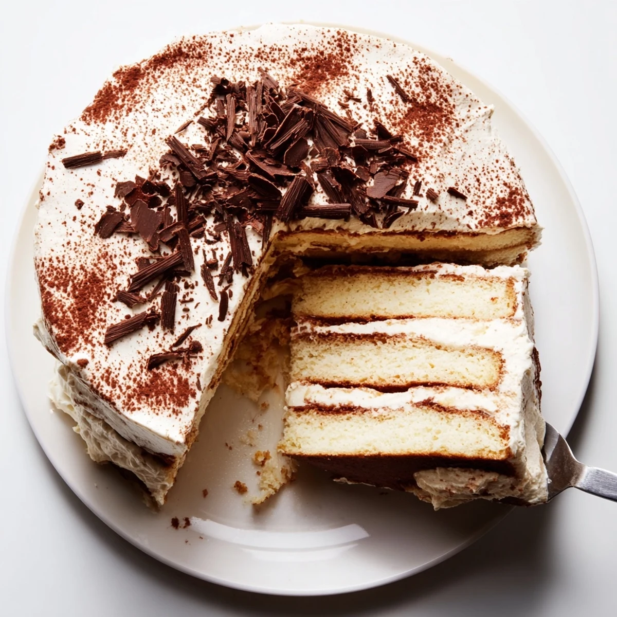 Rich layered tiramisu cake with coffee-soaked sponge and creamy mascarpone filling dusted in cocoa