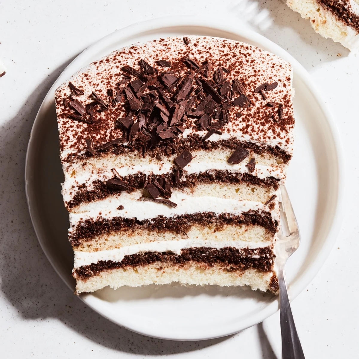 Slice of tiramisu cake showing espresso-soaked layers sandwiched between light mascarpone cream on white plate
