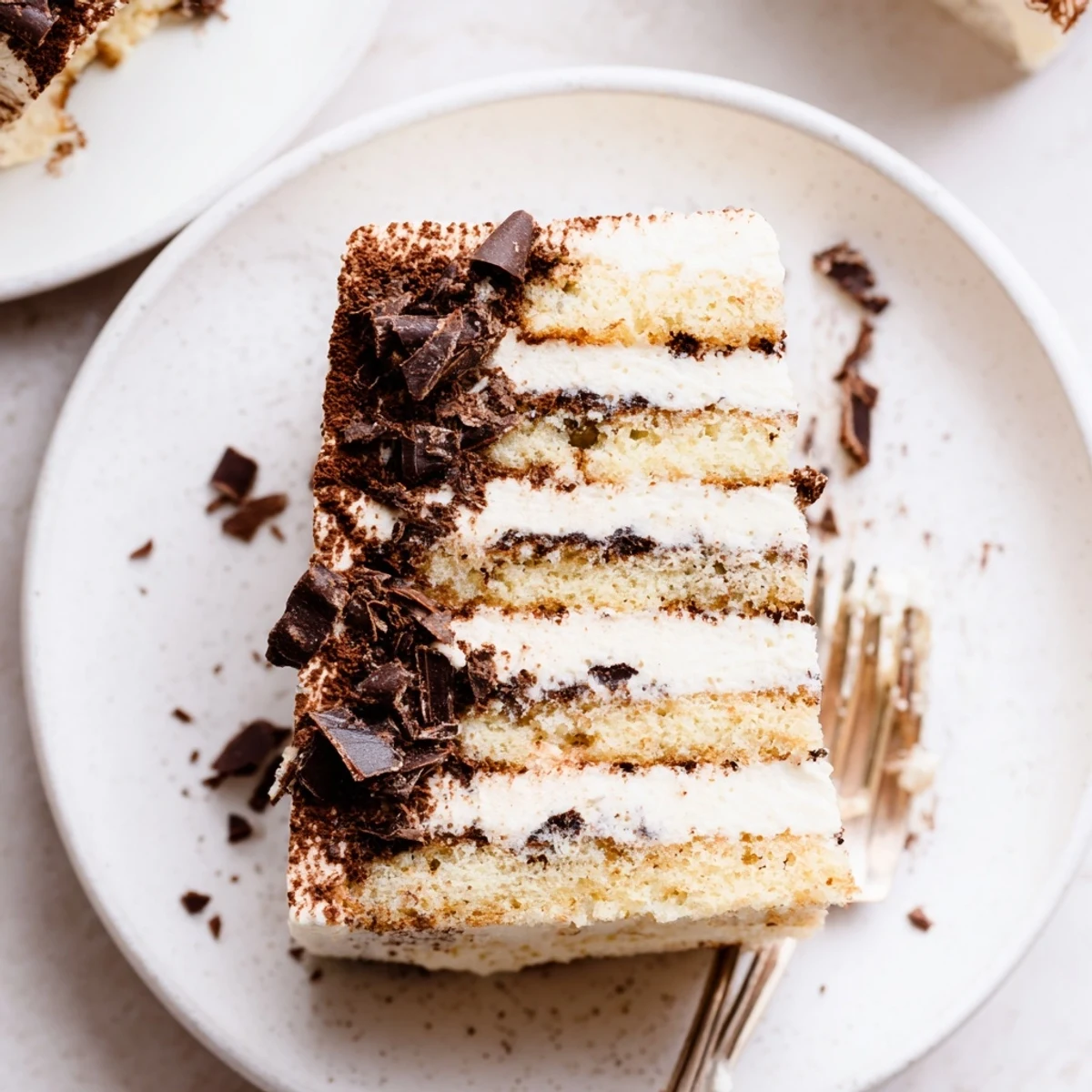 Homemade tiramisu cake topped with chocolate shavings and cocoa powder against dark coffee backdrop