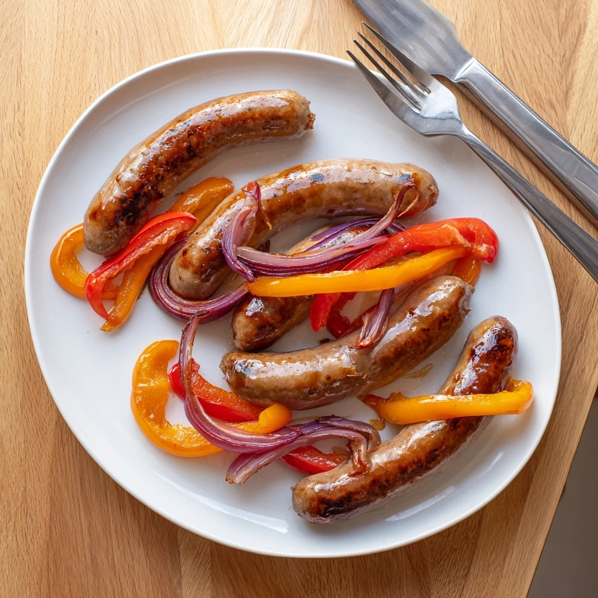 Golden grilled BBQ beef sausage with colorful peppers and onions drizzled with tangy mustard glaze on a white plate