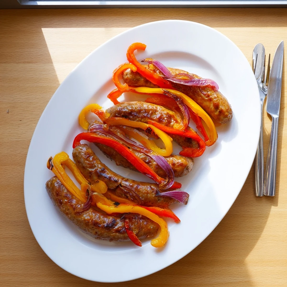 Plate of sizzling grilled BBQ beef sausage topped with charred bell peppers and red onions coated in a sticky sweet mustard glaze
