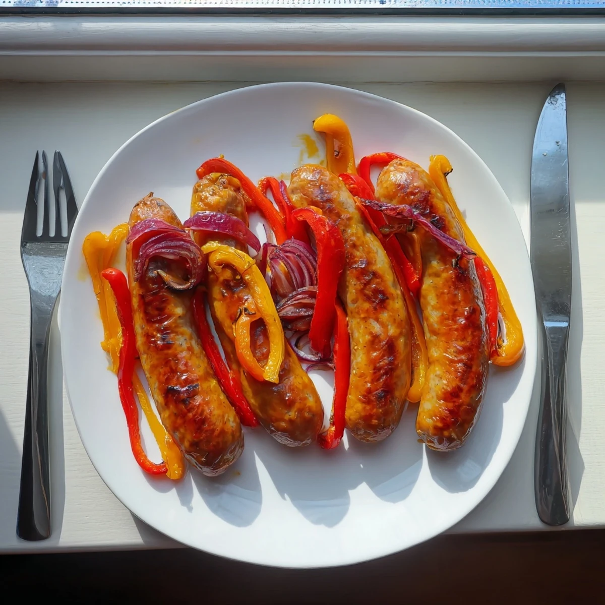Summer barbecue spread featuring juicy beef sausages grilled alongside sweet caramelized peppers and onions finished with honey mustard barbecue sauce