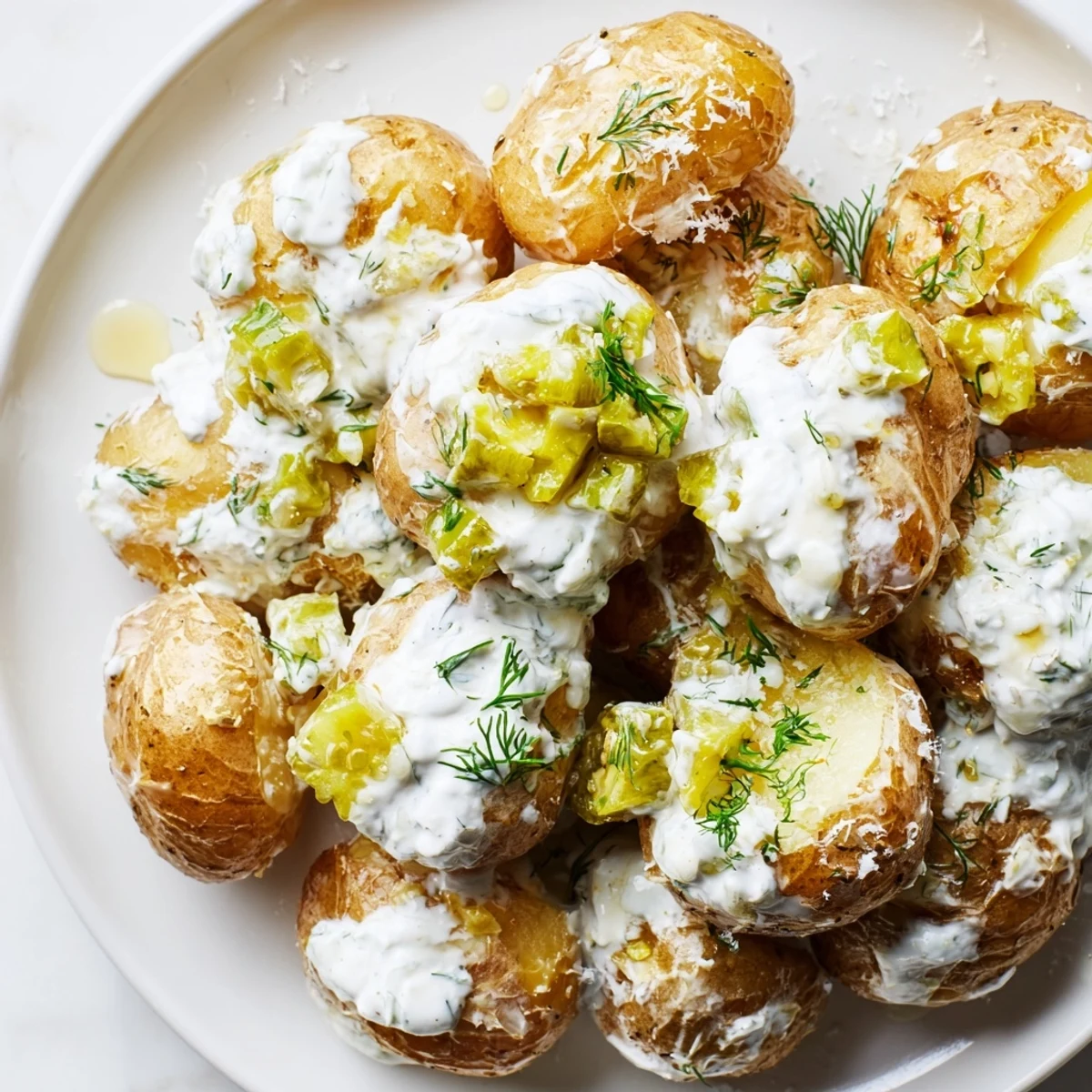 Platter of dill pickle ranch smash appetizers garnished with fresh herbs and grated parmesan cheese