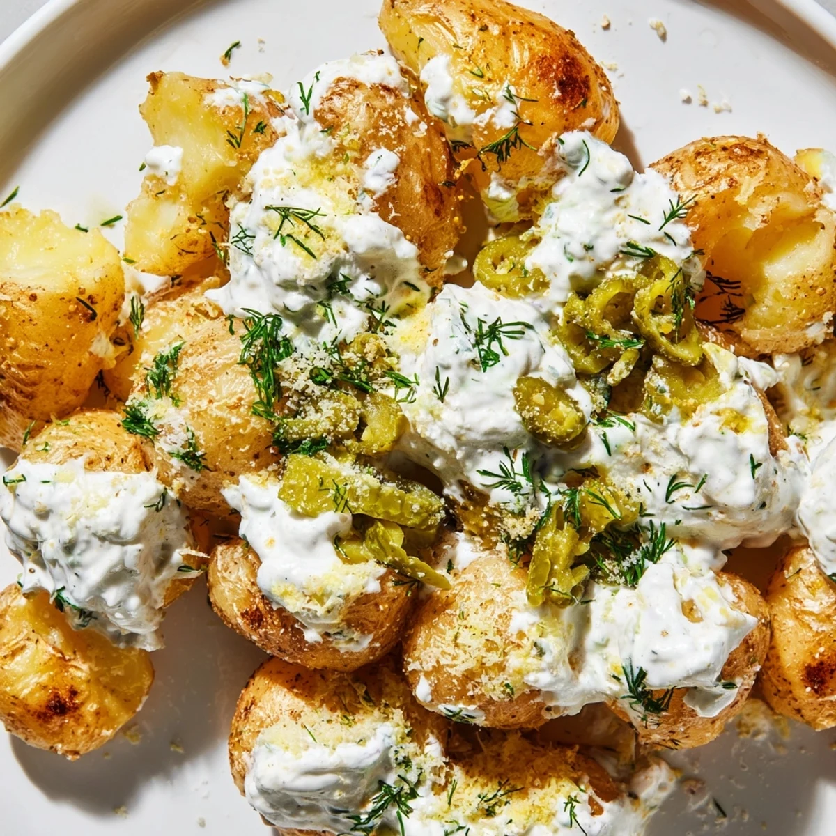 Golden crispy smashed potatoes drizzled with creamy ranch sauce and topped with chopped dill pickles