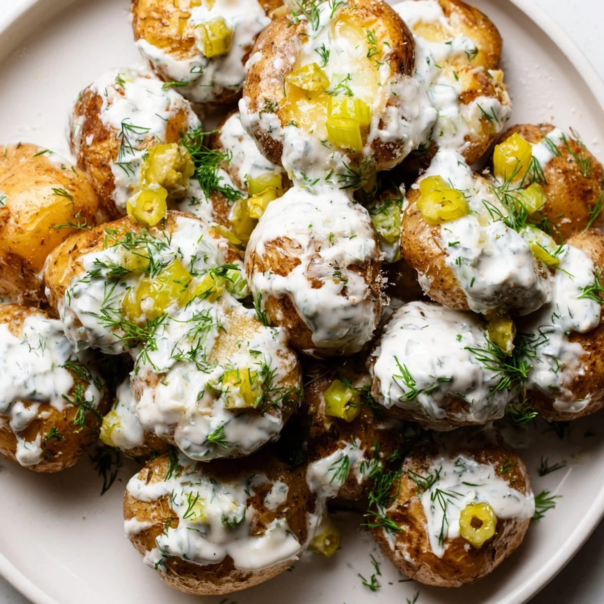 Crispy baby potatoes smashed and topped with tangy dill pickles, homemade ranch, and fresh chives