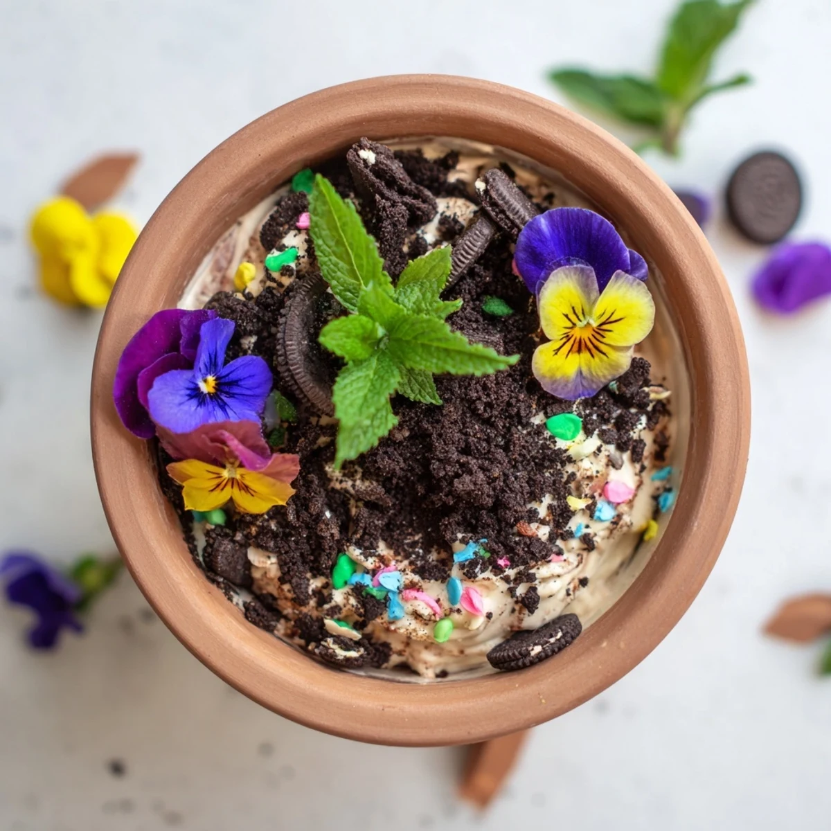 Whimsical edible potted floral garden dessert with chocolate cake layers and vibrant edible flowers sprouting from chocolate cookie soil