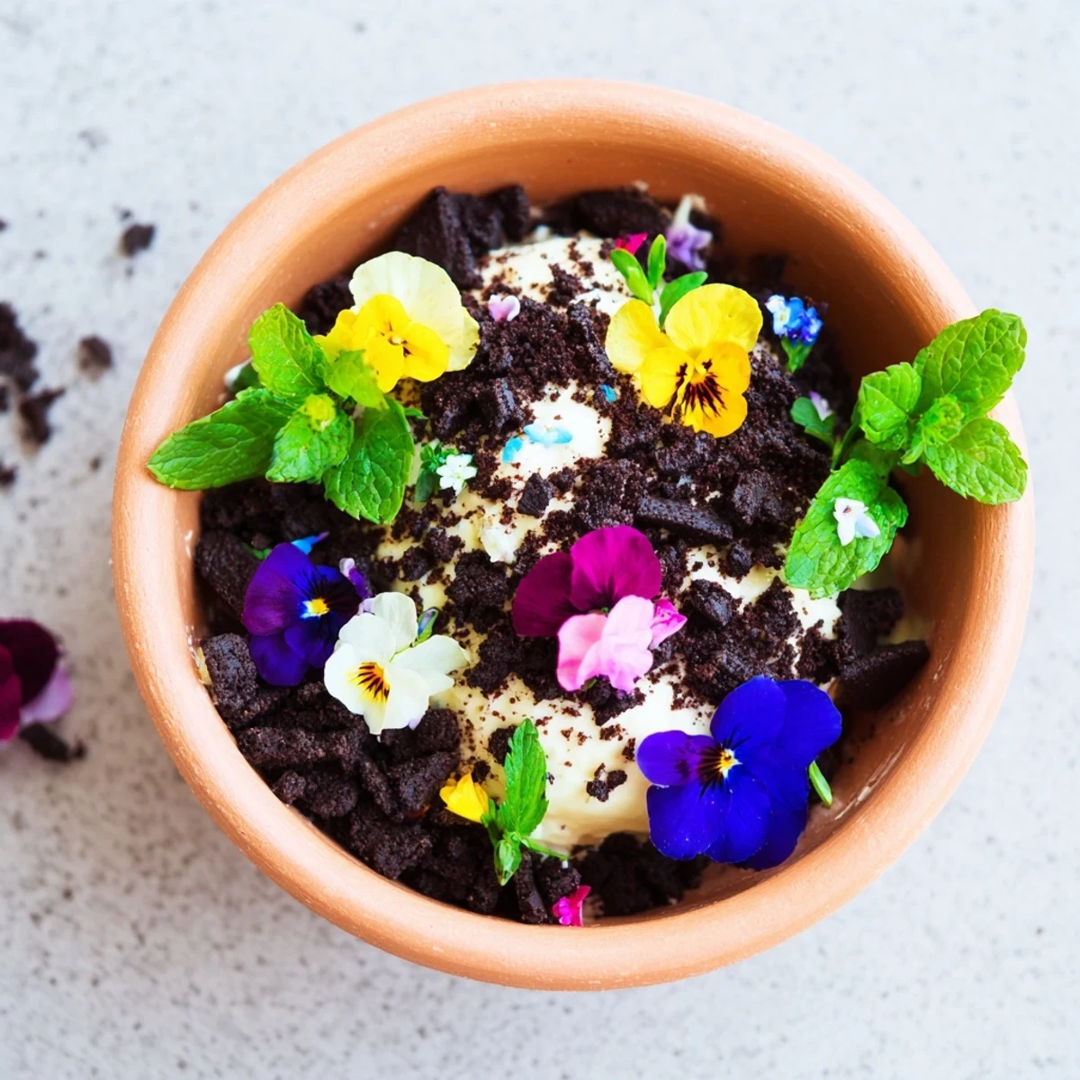 Chocolate potted floral garden dessert featuring creamy filling topped with fresh pansies and herbs in miniature flower pots